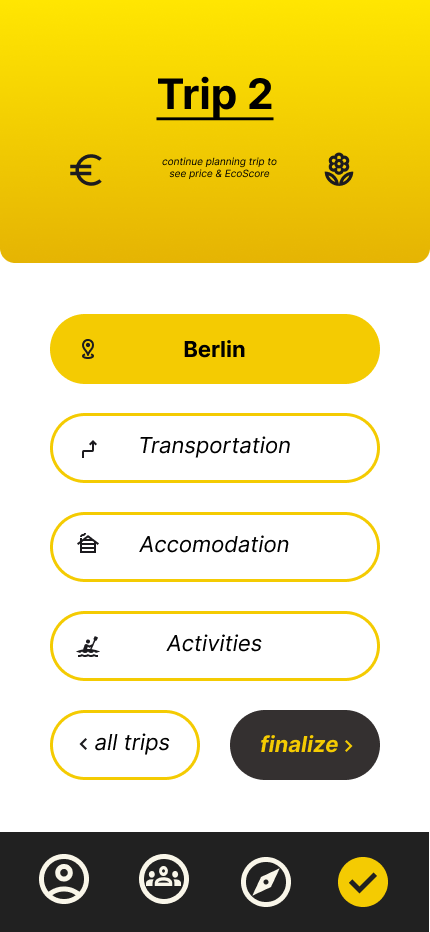 EcoTrip — Create — destination, transport, stay, activities